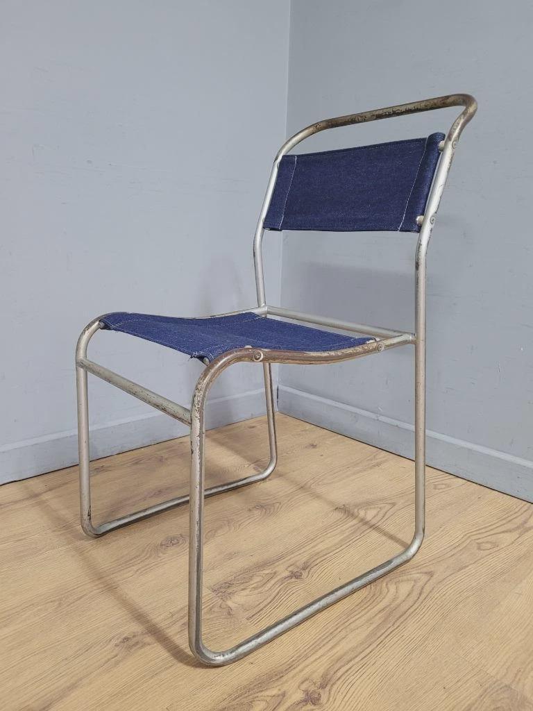 Four Pel Cox Tubular Metal Chairs Denim Seats Industrial Stacking Chairs MCM