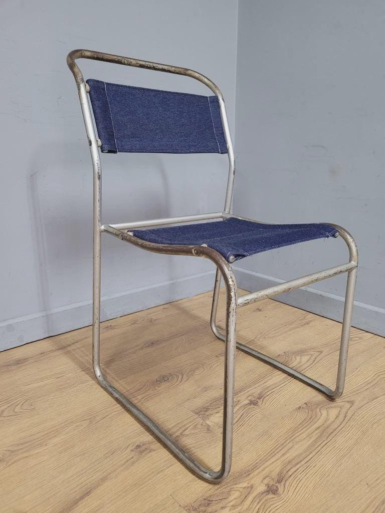 Four Pel Cox Tubular Metal Chairs Denim Seats Industrial Stacking Chairs MCM