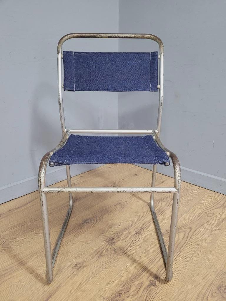Four Pel Cox Tubular Metal Chairs Denim Seats Industrial Stacking Chairs MCM
