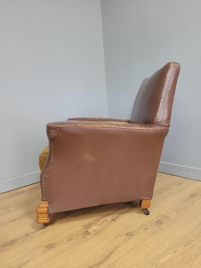 Distressed Brown Leather Tub Club Armchair Art Deco Style Vintage Chair