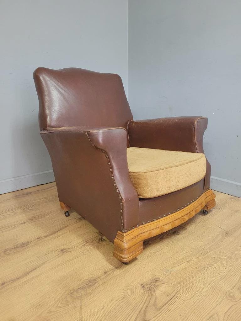 Distressed Brown Leather Tub Club Armchair Art Deco Style Vintage Chair