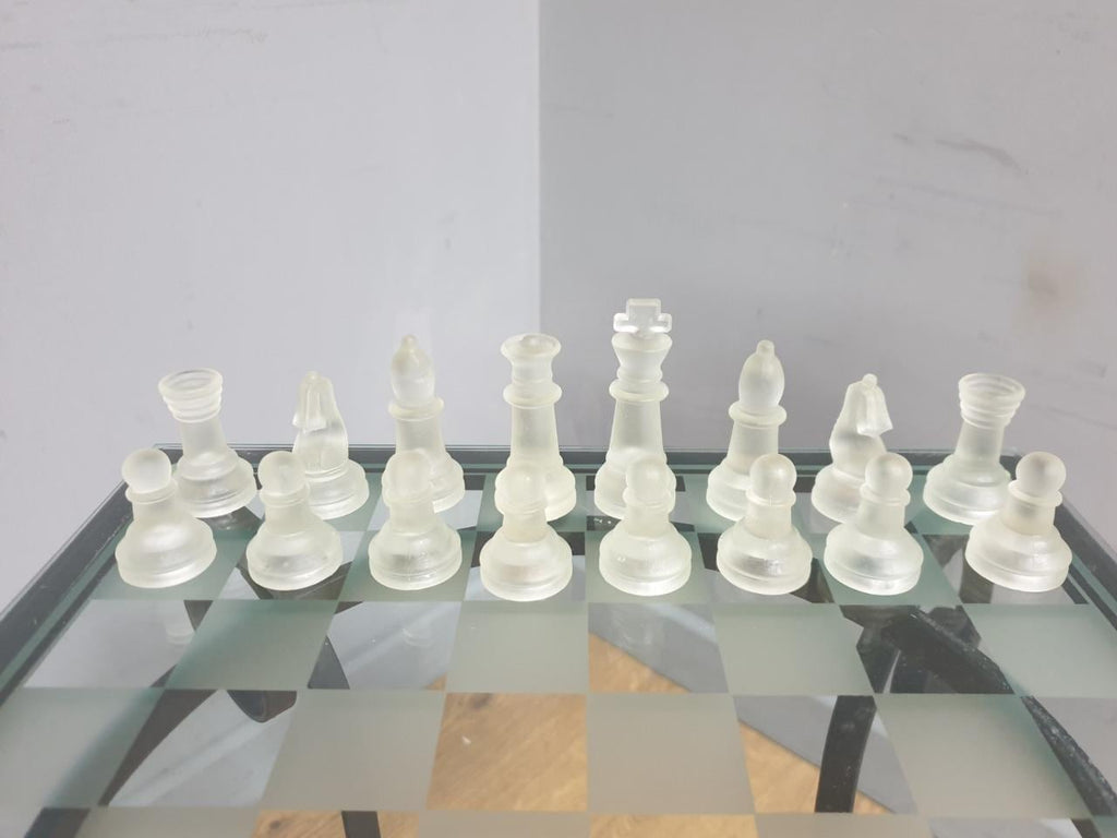Glass Chess Set Wrought Iron Table Vintage Style