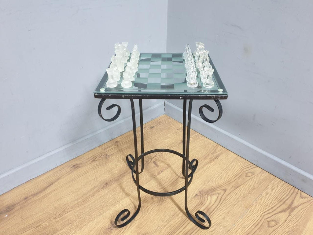Glass Chess Set Wrought Iron Table Vintage Style
