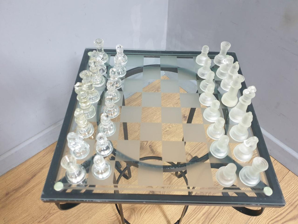 Glass Chess Set Wrought Iron Table Vintage Style