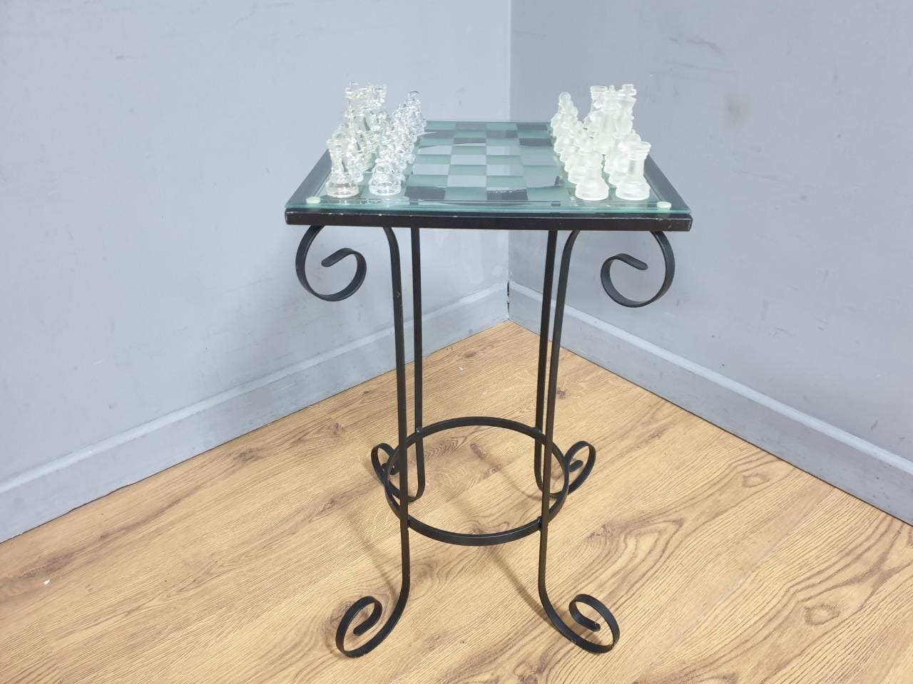 Glass Chess Set Wrought Iron Table Vintage Style