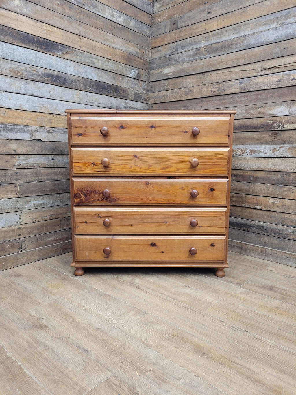 Rustic Pine Five Drawer Chest Distressed Country Vintage Bedroom Storage