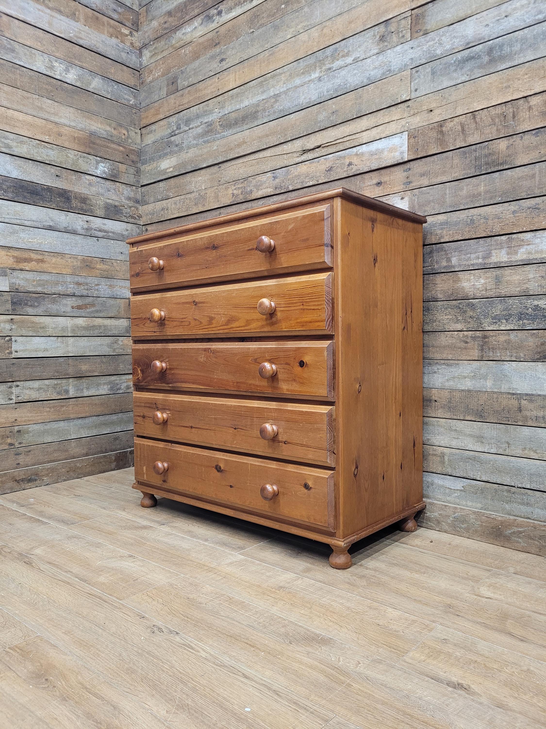 Rustic Pine Five Drawer Chest Distressed Country Vintage Bedroom Storage
