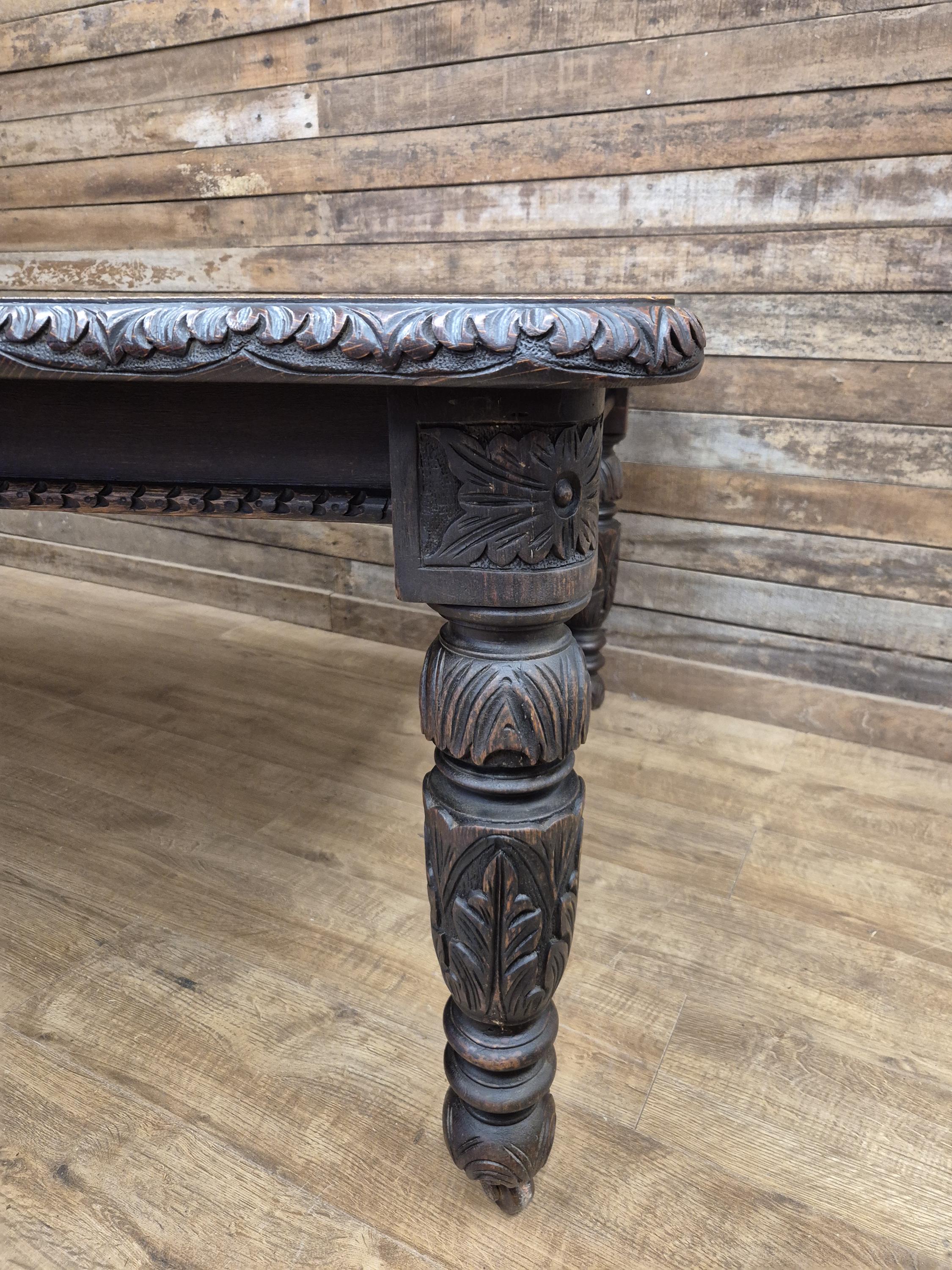 Antique Oak Windout Dining Table Carved Jacobean Banquet Inc Two Leaves Winder