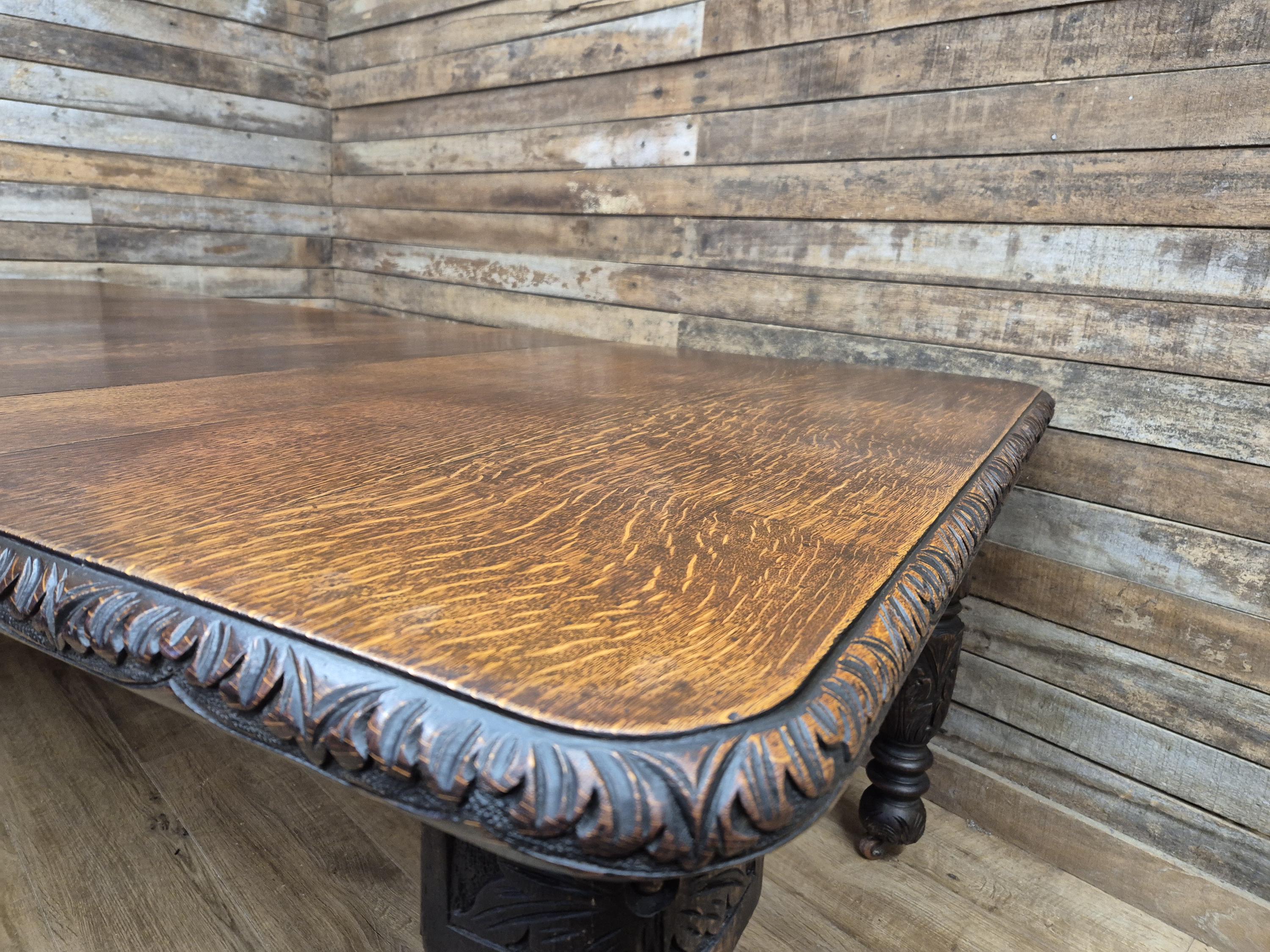 Antique Oak Windout Dining Table Carved Jacobean Banquet Inc Two Leaves Winder