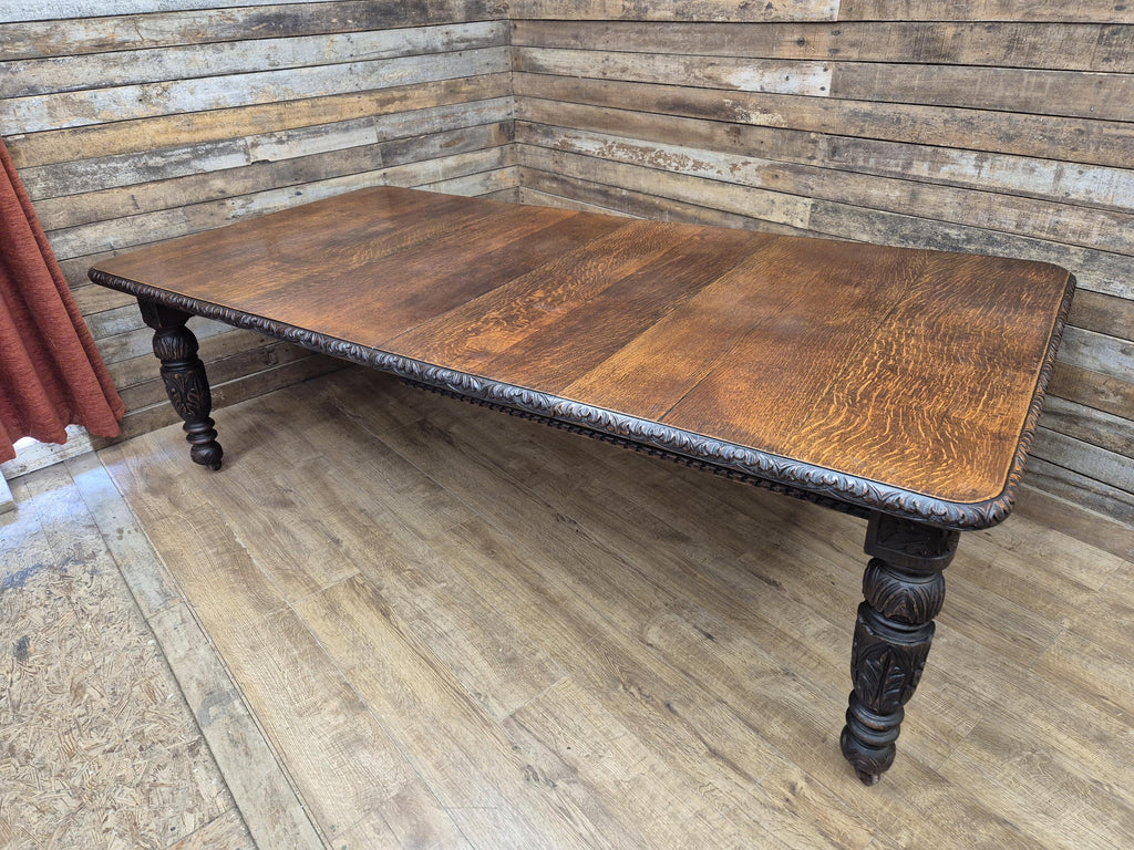 Antique Oak Windout Dining Table Carved Jacobean Banquet Inc Two Leaves Winder