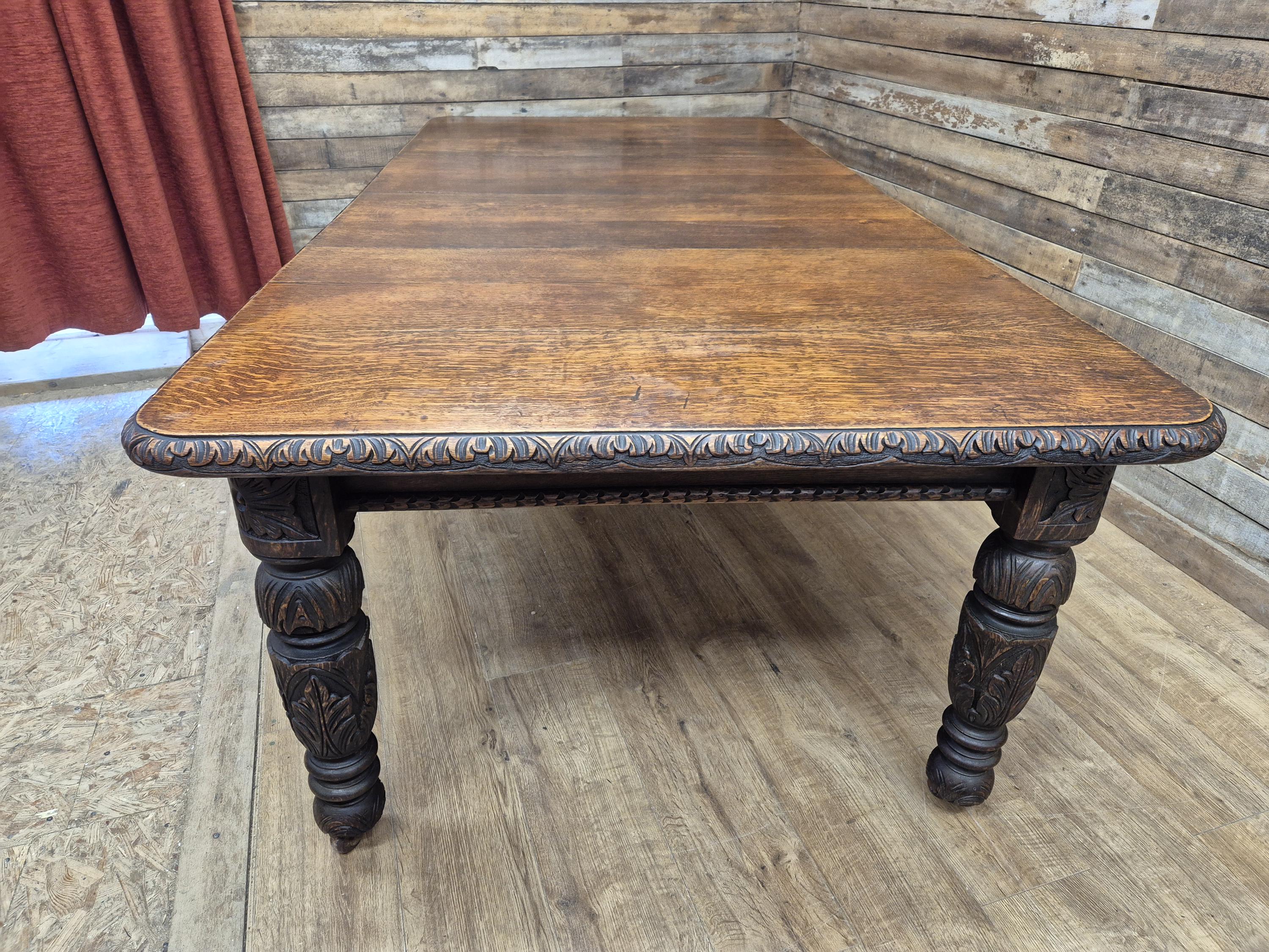 Antique Oak Windout Dining Table Carved Jacobean Banquet Inc Two Leaves Winder