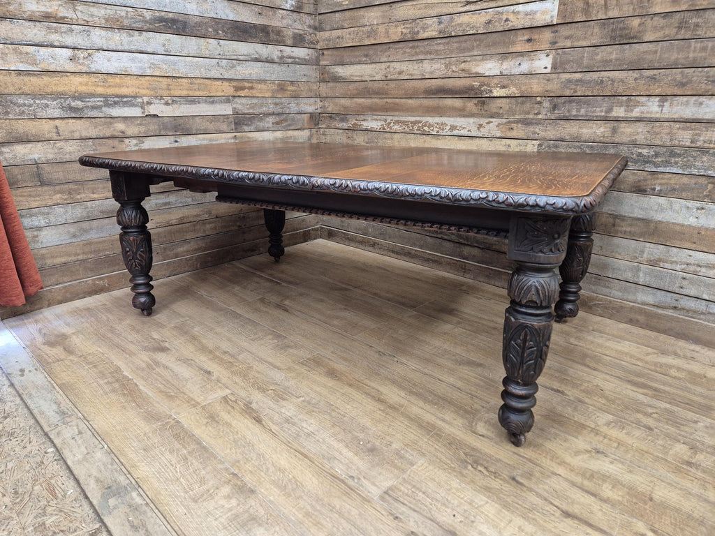 Antique Oak Windout Dining Table Carved Jacobean Banquet Inc Two Leaves Winder