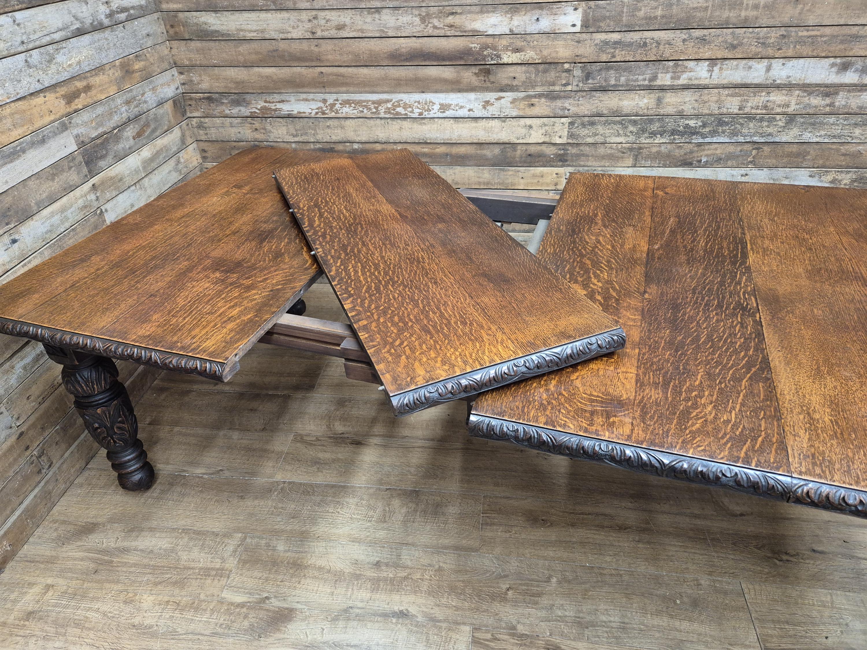 Antique Oak Windout Dining Table Carved Jacobean Banquet Inc Two Leaves Winder