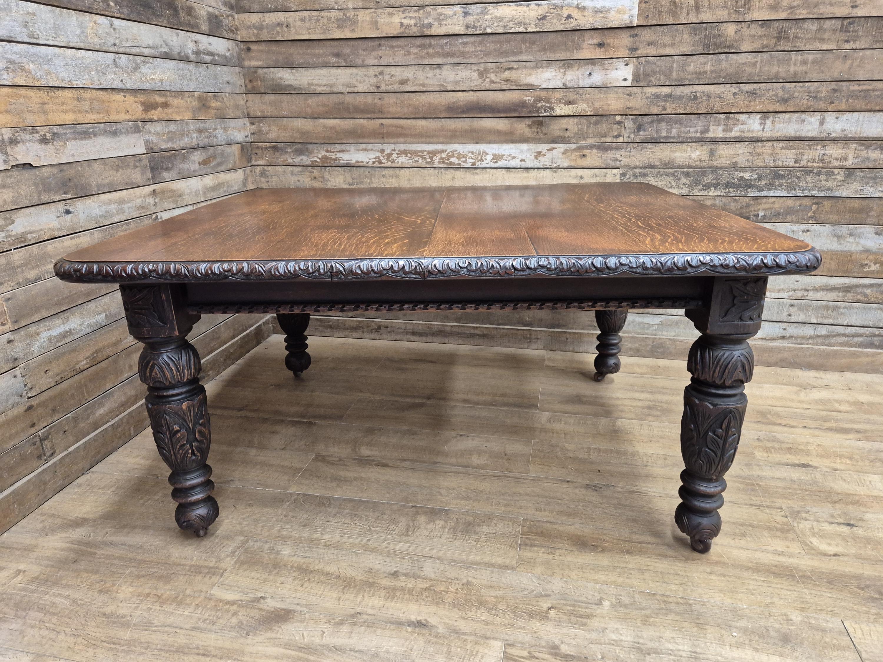 Antique Oak Windout Dining Table Carved Jacobean Banquet Inc Two Leaves Winder