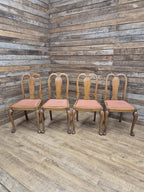 Four Oak Dining Chairs Queen Anne Shell Backs Vintage