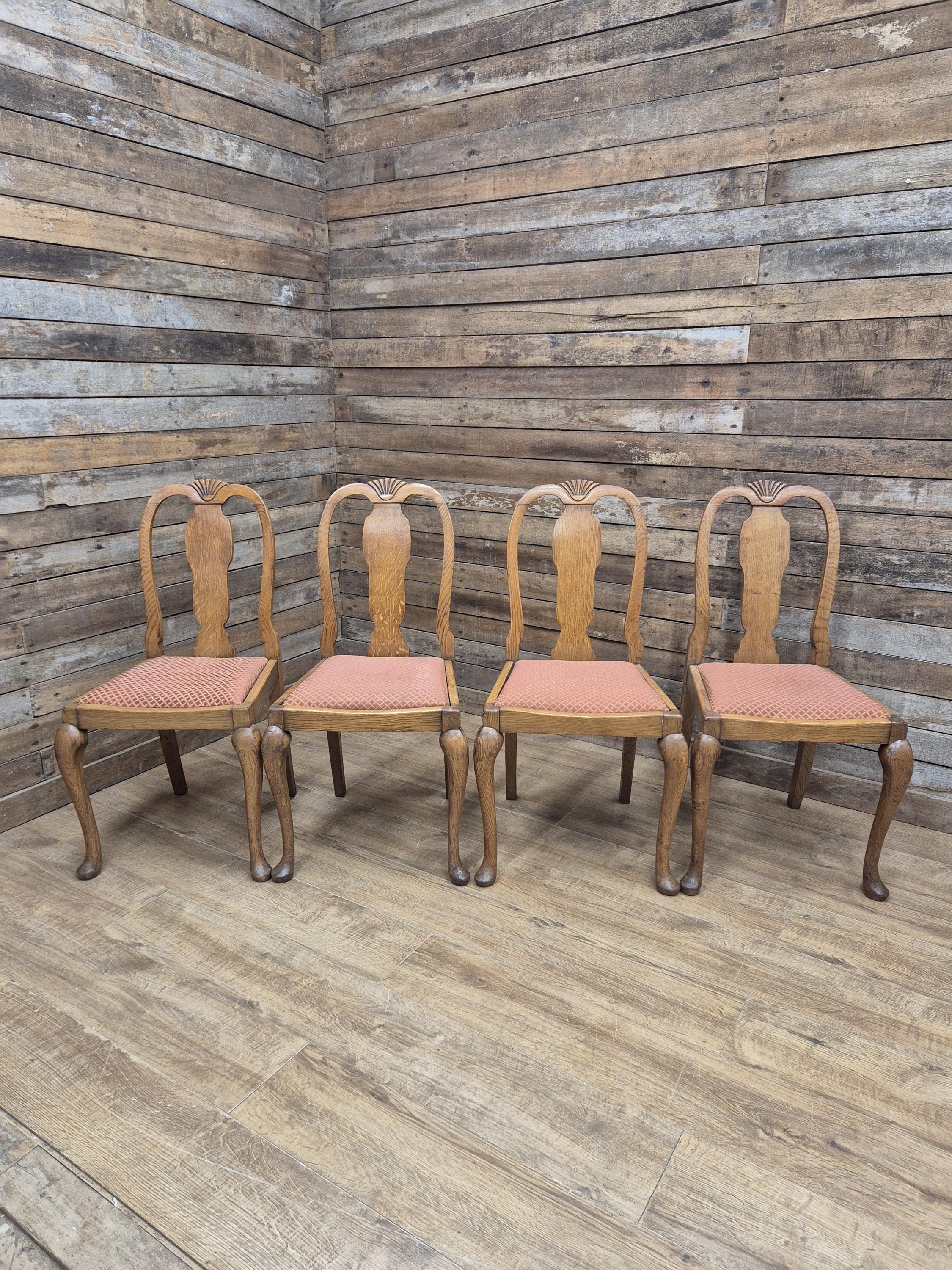 Four Oak Dining Chairs Queen Anne Shell Backs Vintage