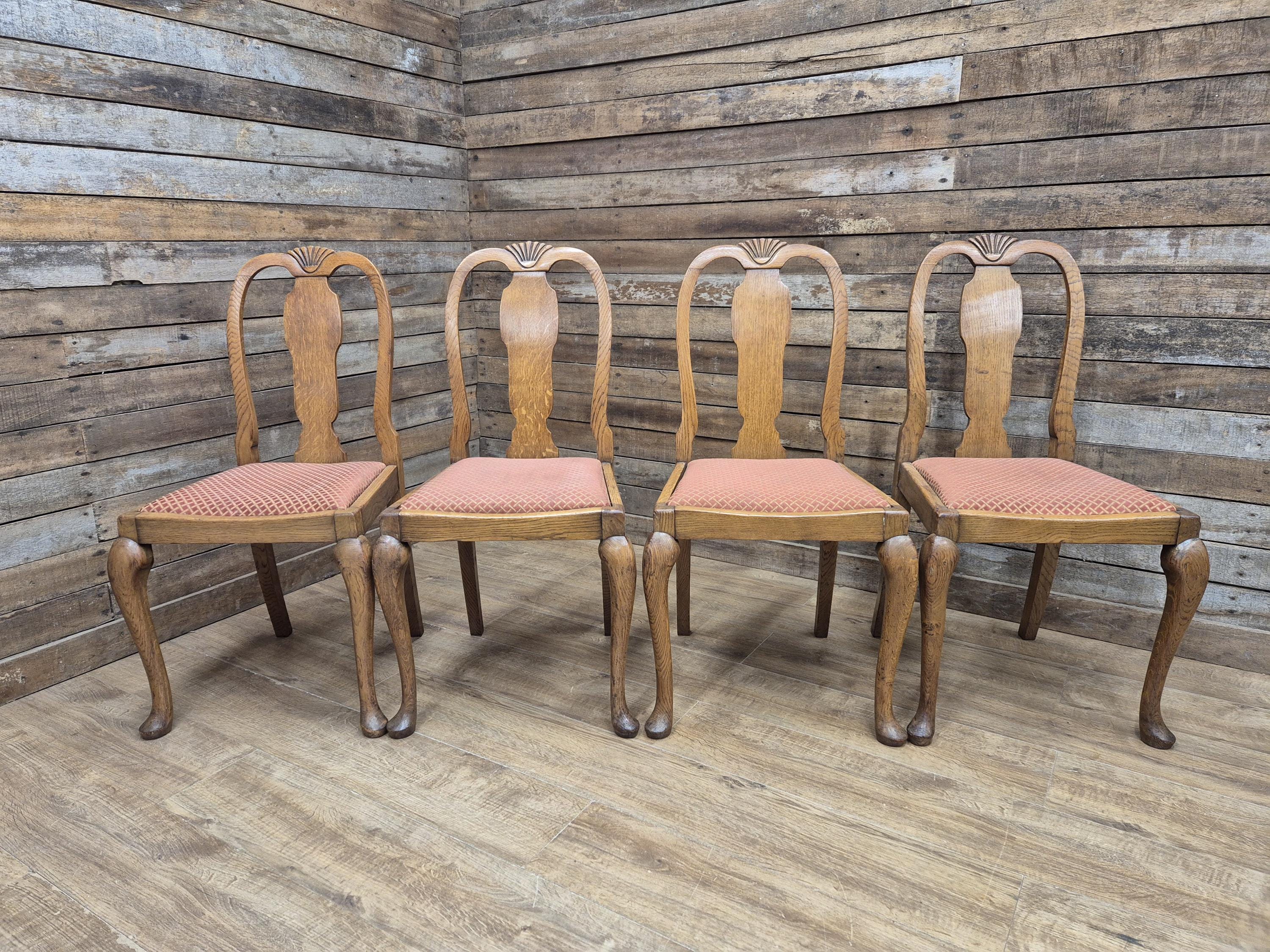 Four Oak Dining Chairs Queen Anne Shell Backs Vintage