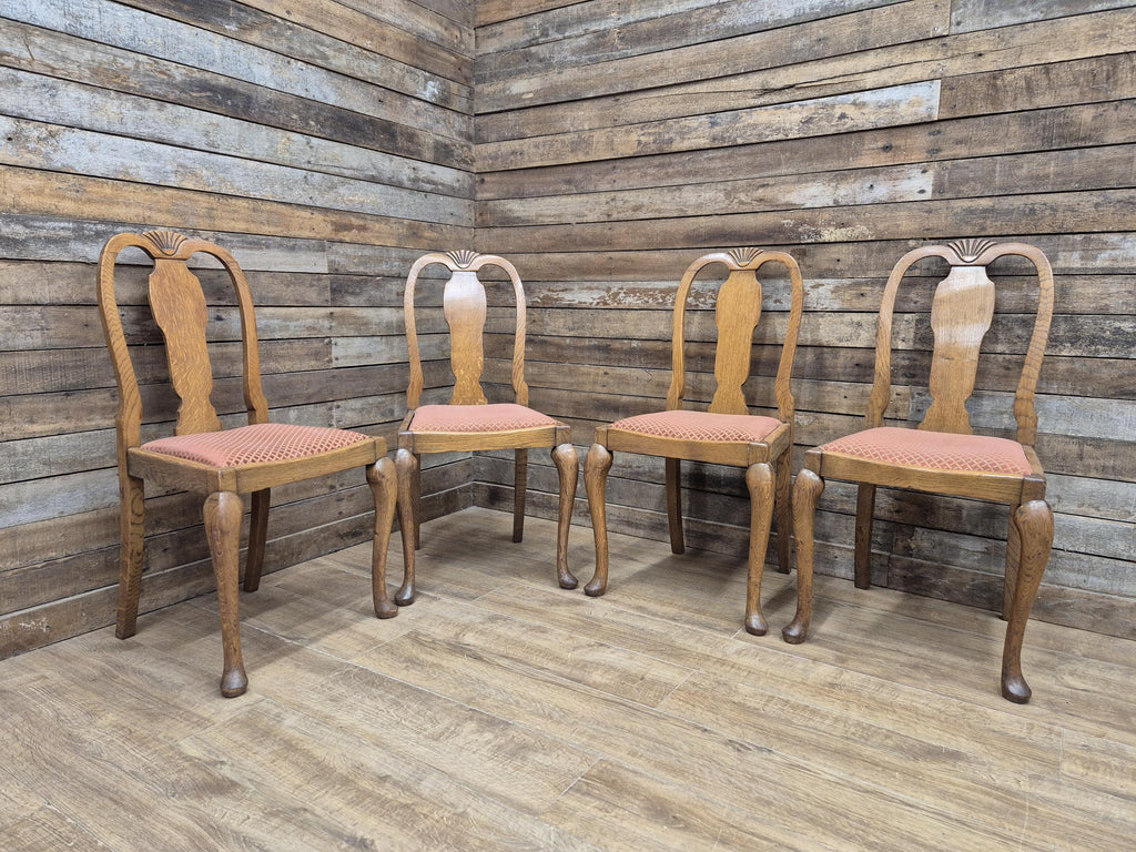 Four Oak Dining Chairs Queen Anne Shell Backs Vintage