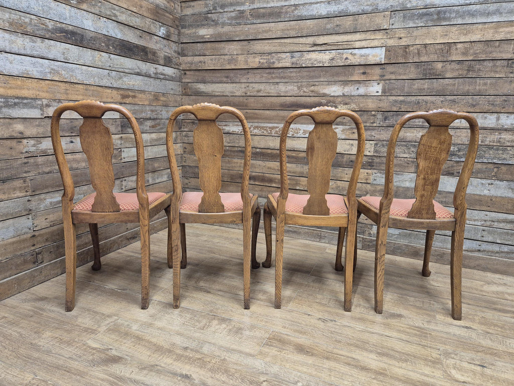 Four Oak Dining Chairs Queen Anne Shell Backs Vintage