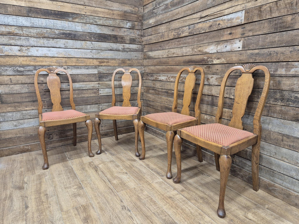 Four Oak Dining Chairs Queen Anne Shell Backs Vintage