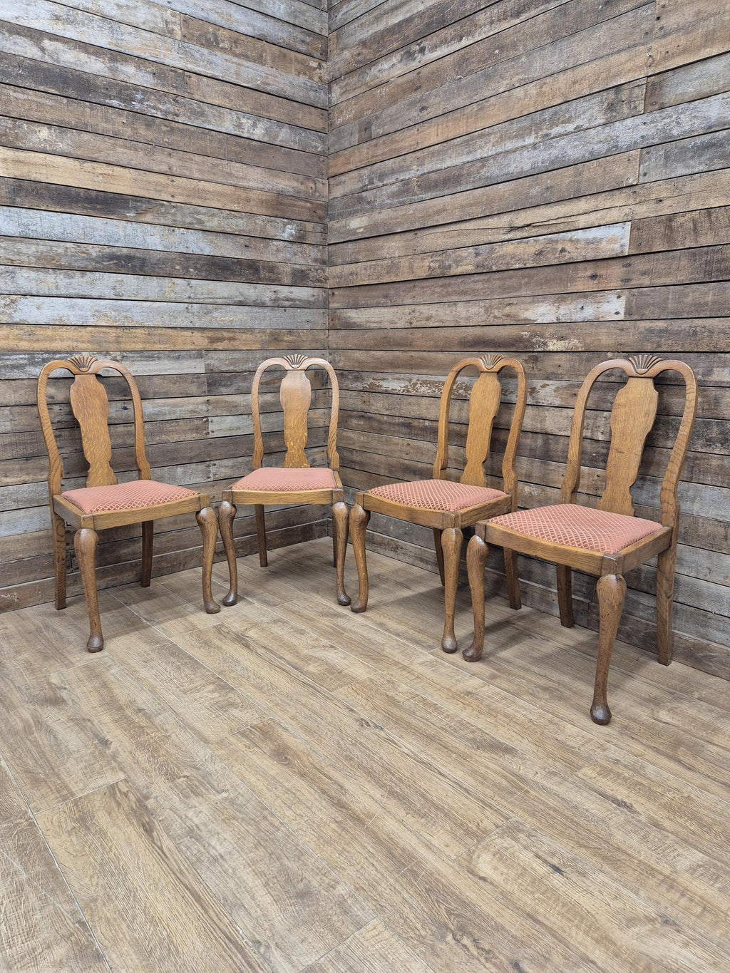 Four Oak Dining Chairs Queen Anne Shell Backs Vintage