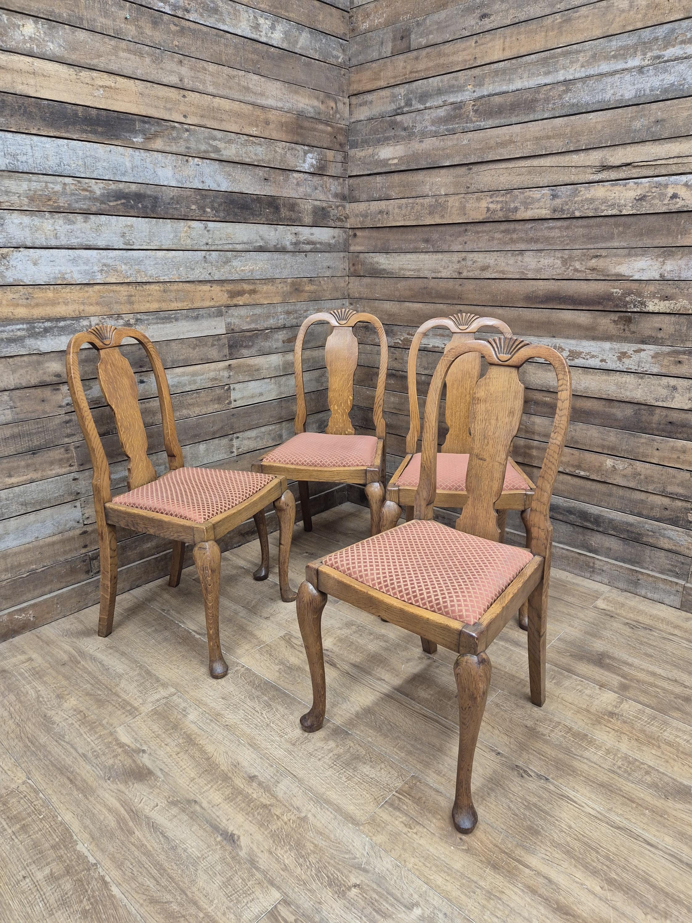 Four Oak Dining Chairs Queen Anne Shell Backs Vintage