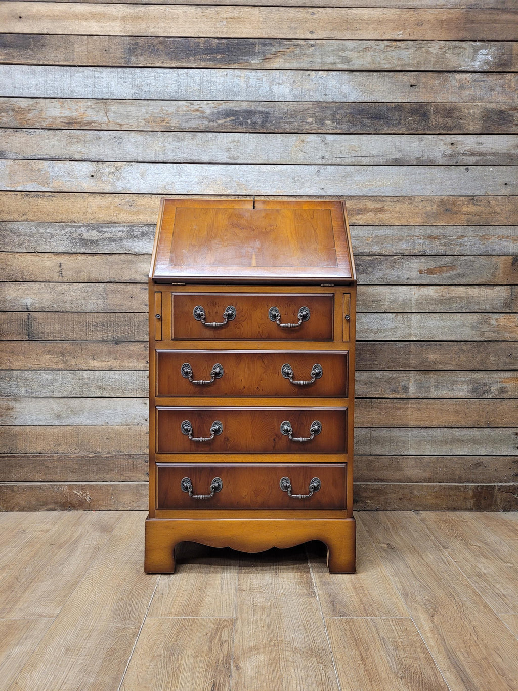 Walnut Veneer Petite Bureau Four Drawers Bracket Feet Vintage