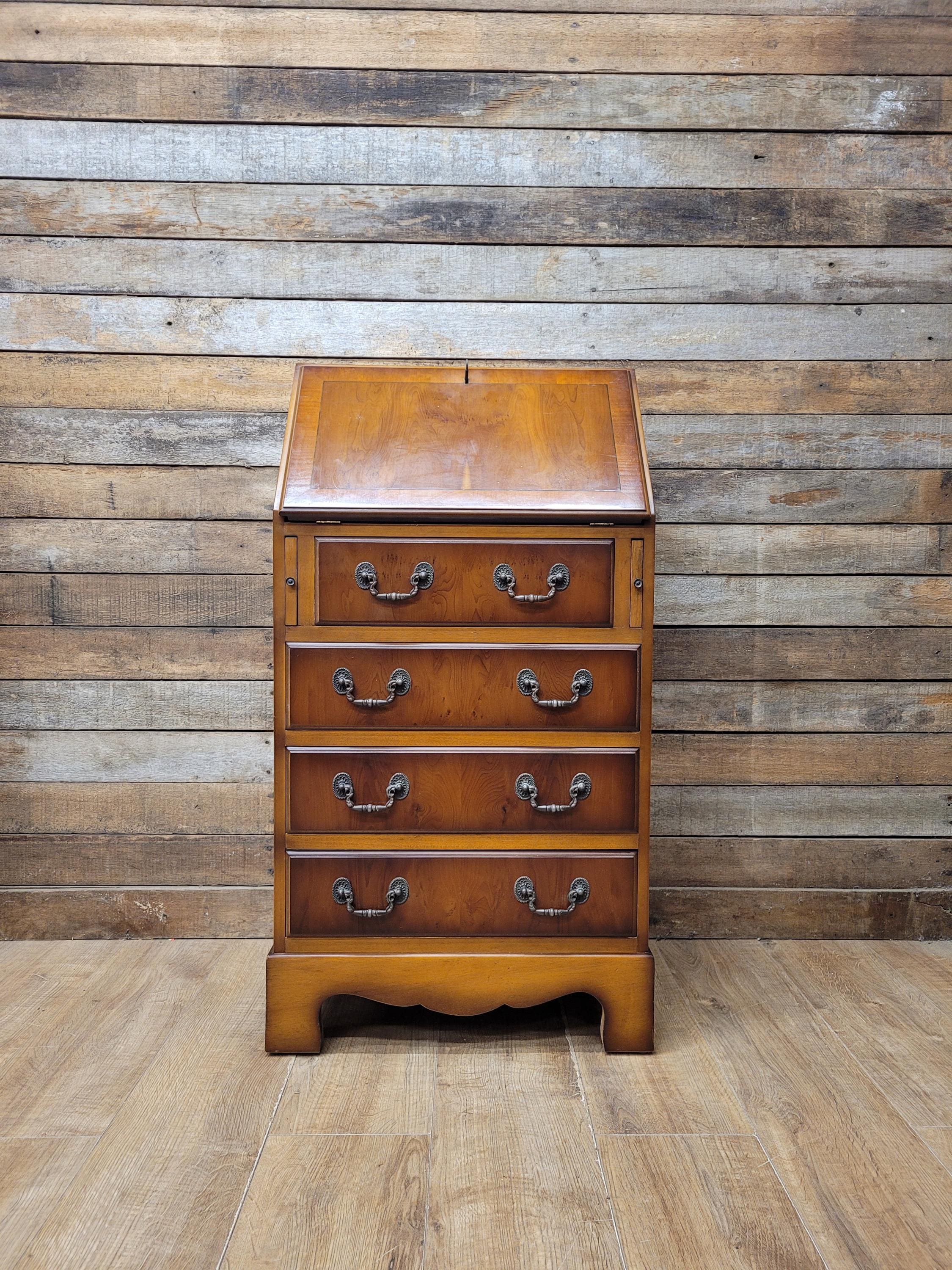 Walnut Veneer Petite Bureau Four Drawers Bracket Feet Vintage