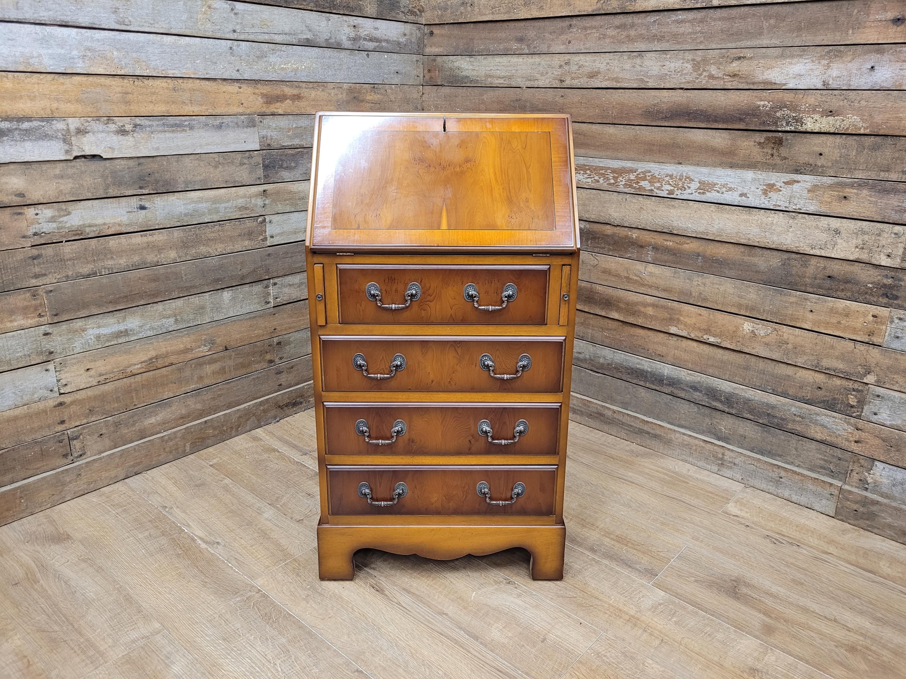 Walnut Veneer Petite Bureau Four Drawers Bracket Feet Vintage