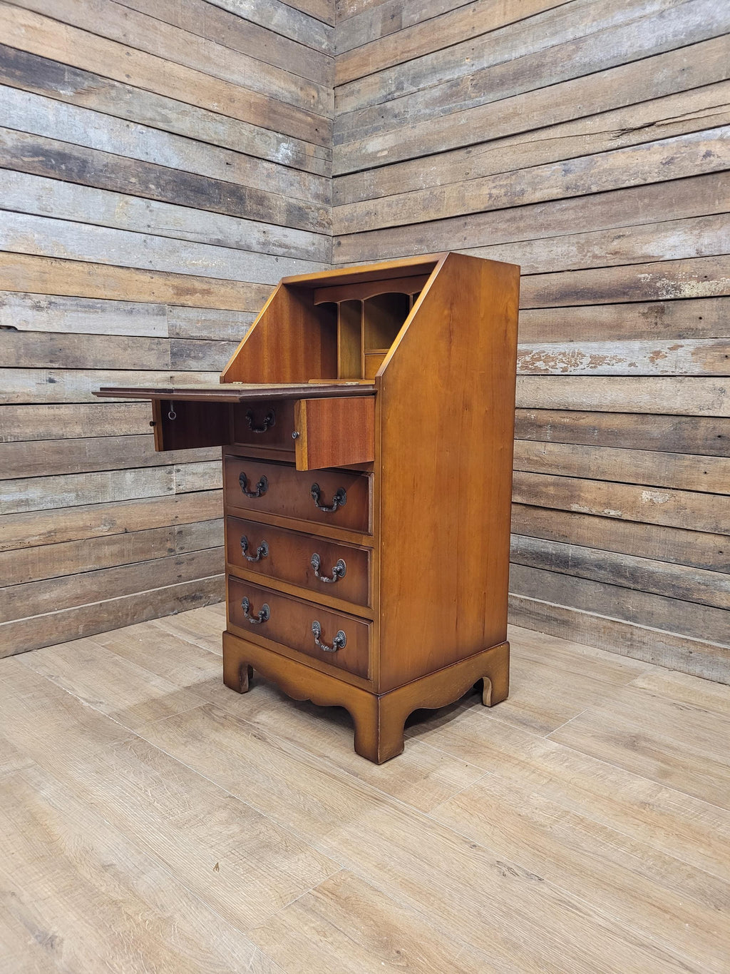 Walnut Veneer Petite Bureau Four Drawers Bracket Feet Vintage