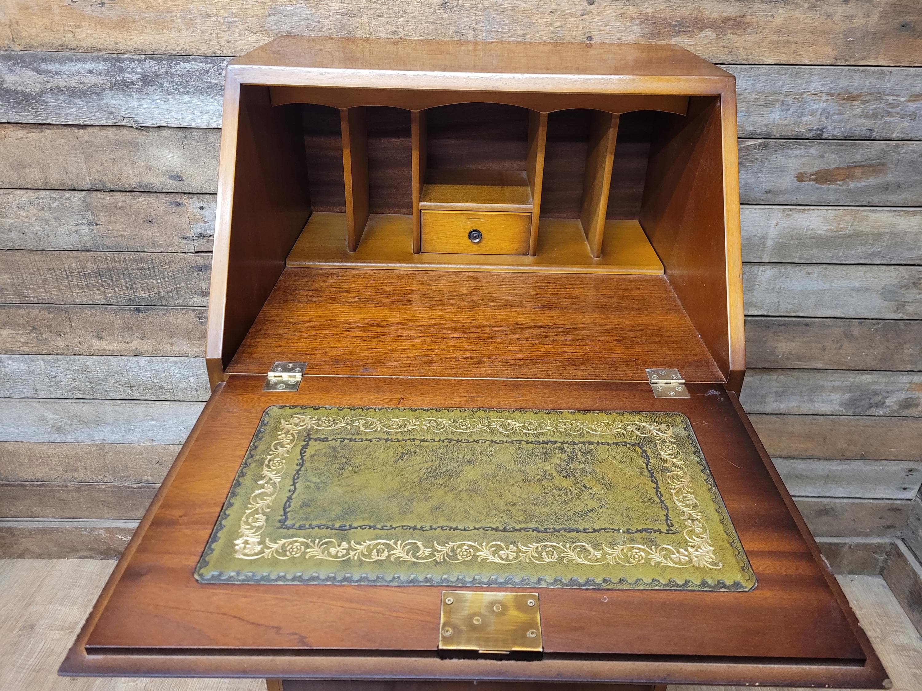 Walnut Veneer Petite Bureau Four Drawers Bracket Feet Vintage