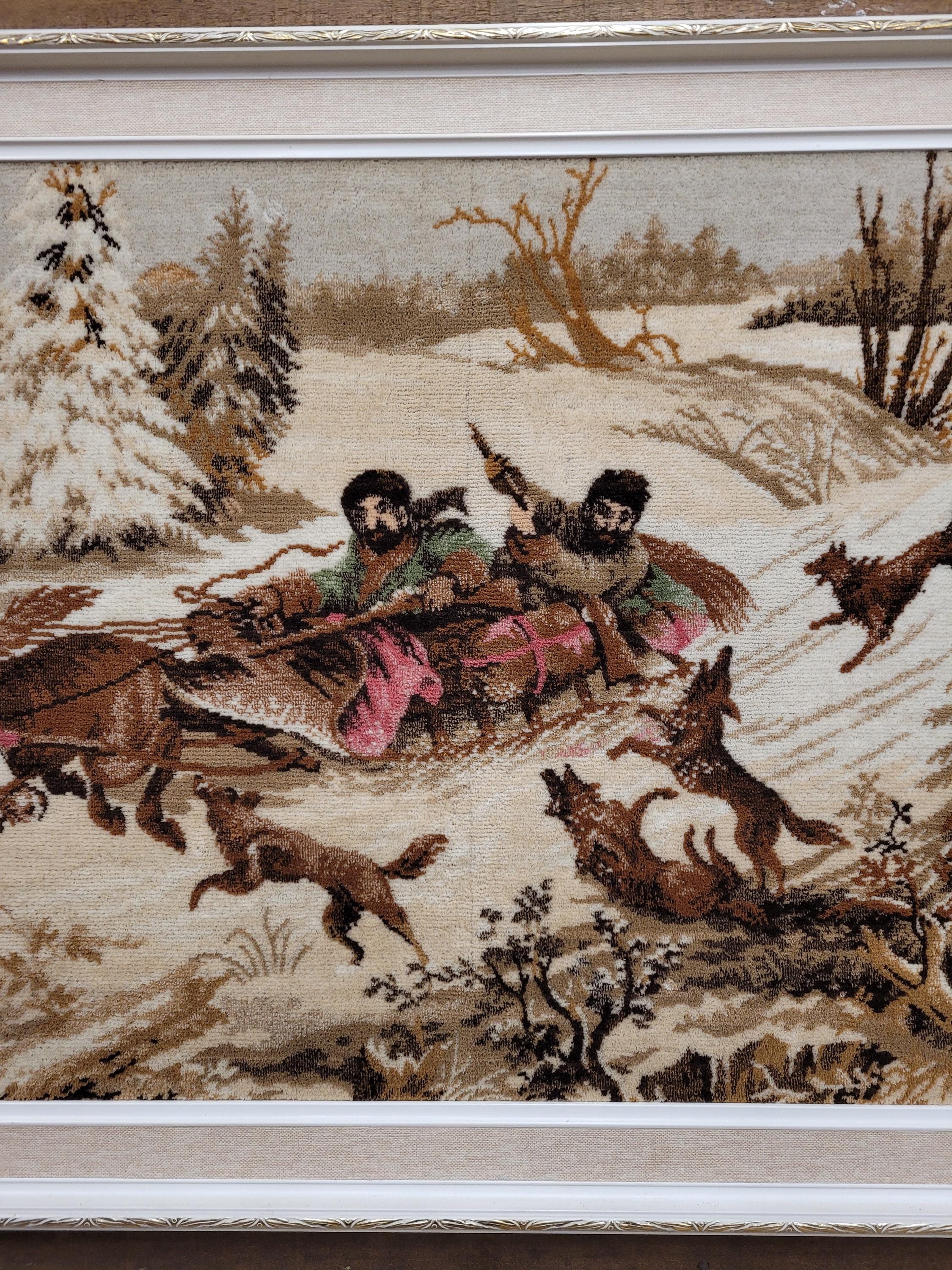 Vintage Tapestry Wall Hanging Framed Hunting Scene Large Textile Art