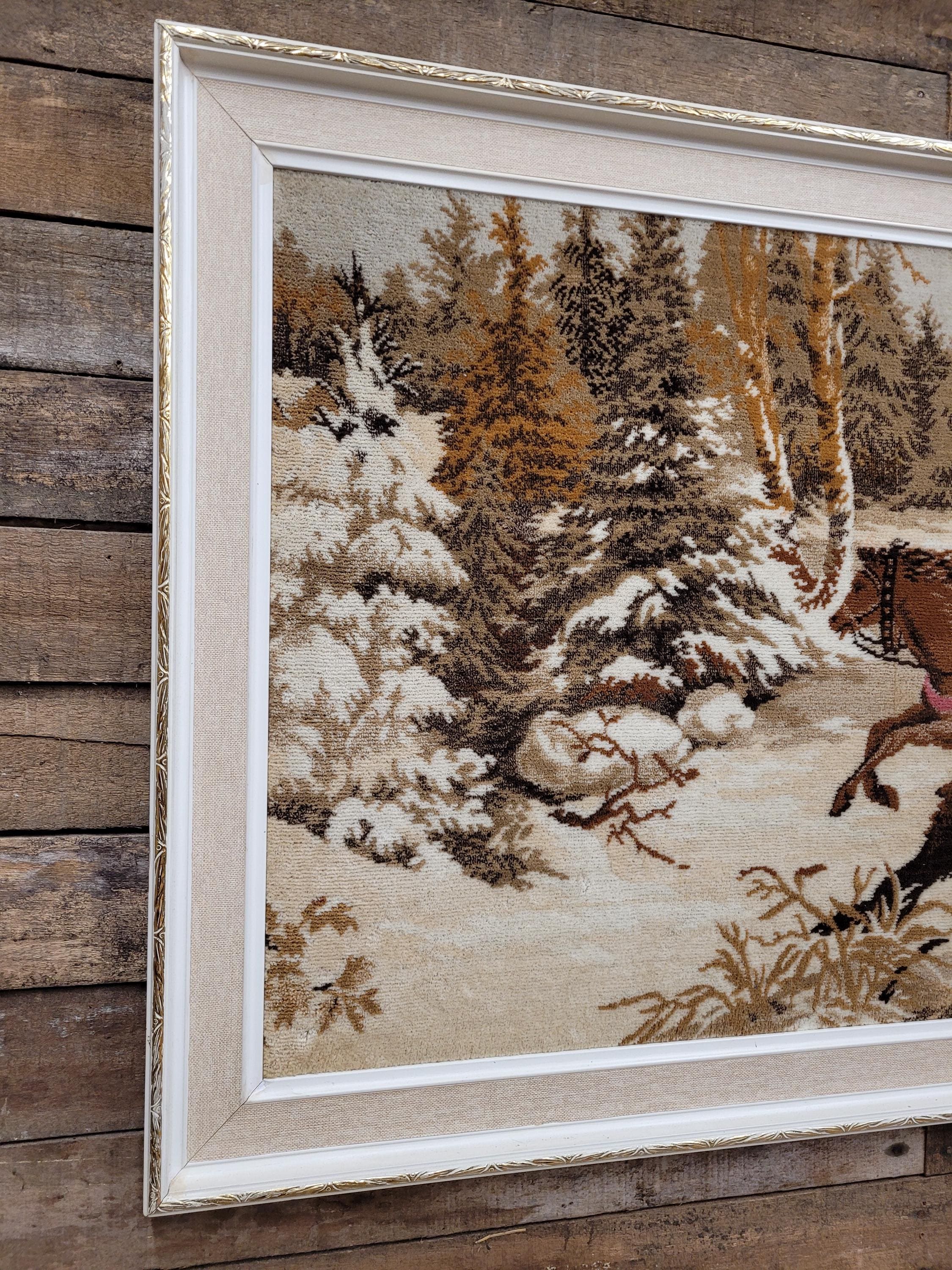 Vintage Tapestry Wall Hanging Framed Hunting Scene Large Textile Art