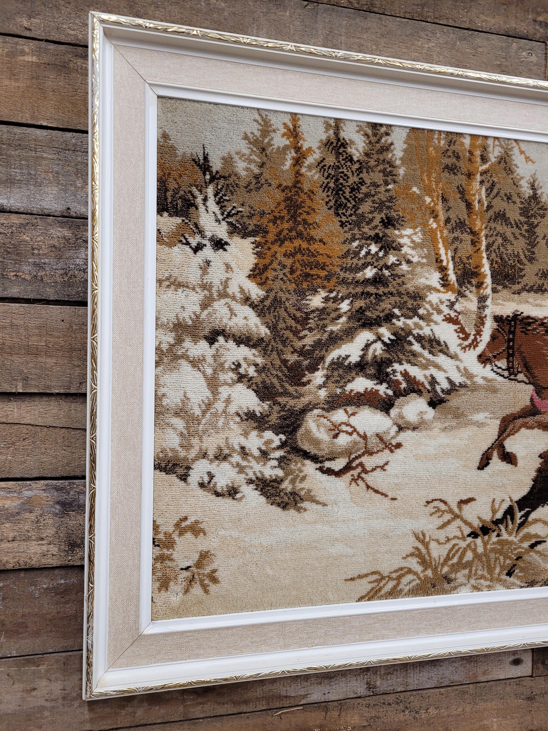 Vintage Tapestry Wall Hanging Framed Hunting Scene Large Textile Art