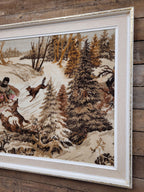 Vintage Tapestry Wall Hanging Framed Hunting Scene Large Textile Art