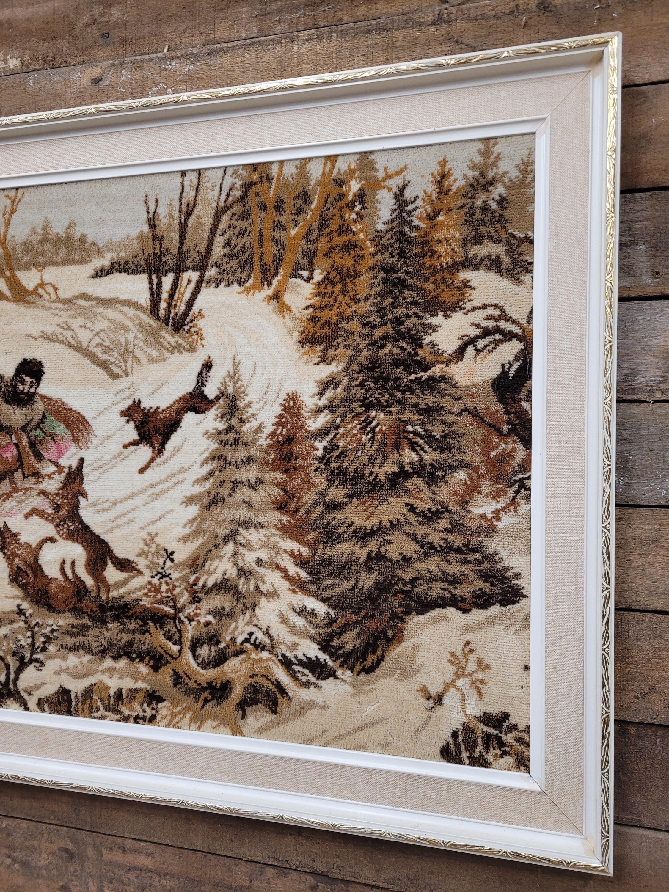 Vintage Tapestry Wall Hanging Framed Hunting Scene Large Textile Art