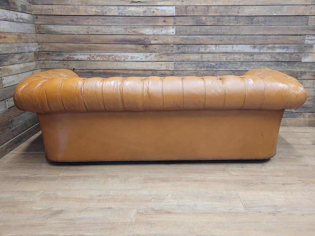 Chesterfield Sofa Tan Leather Buttoned Vintage Distressed Three Seat