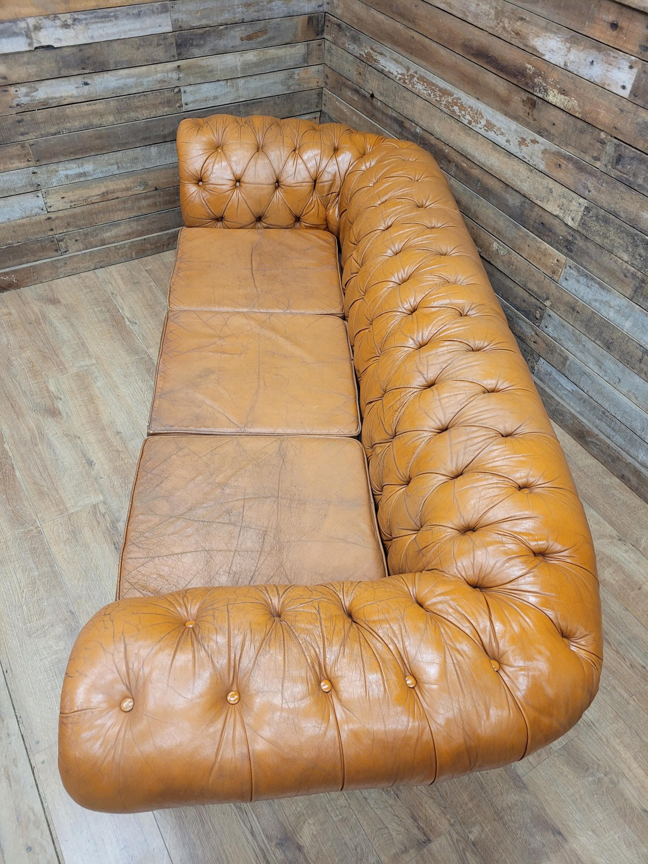 Chesterfield Sofa Tan Leather Buttoned Vintage Distressed Three Seat