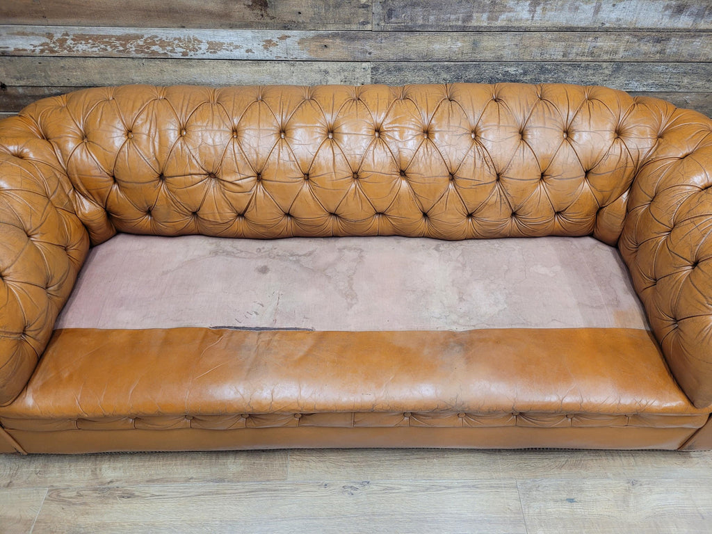 Chesterfield Sofa Tan Leather Buttoned Vintage Distressed Three Seat