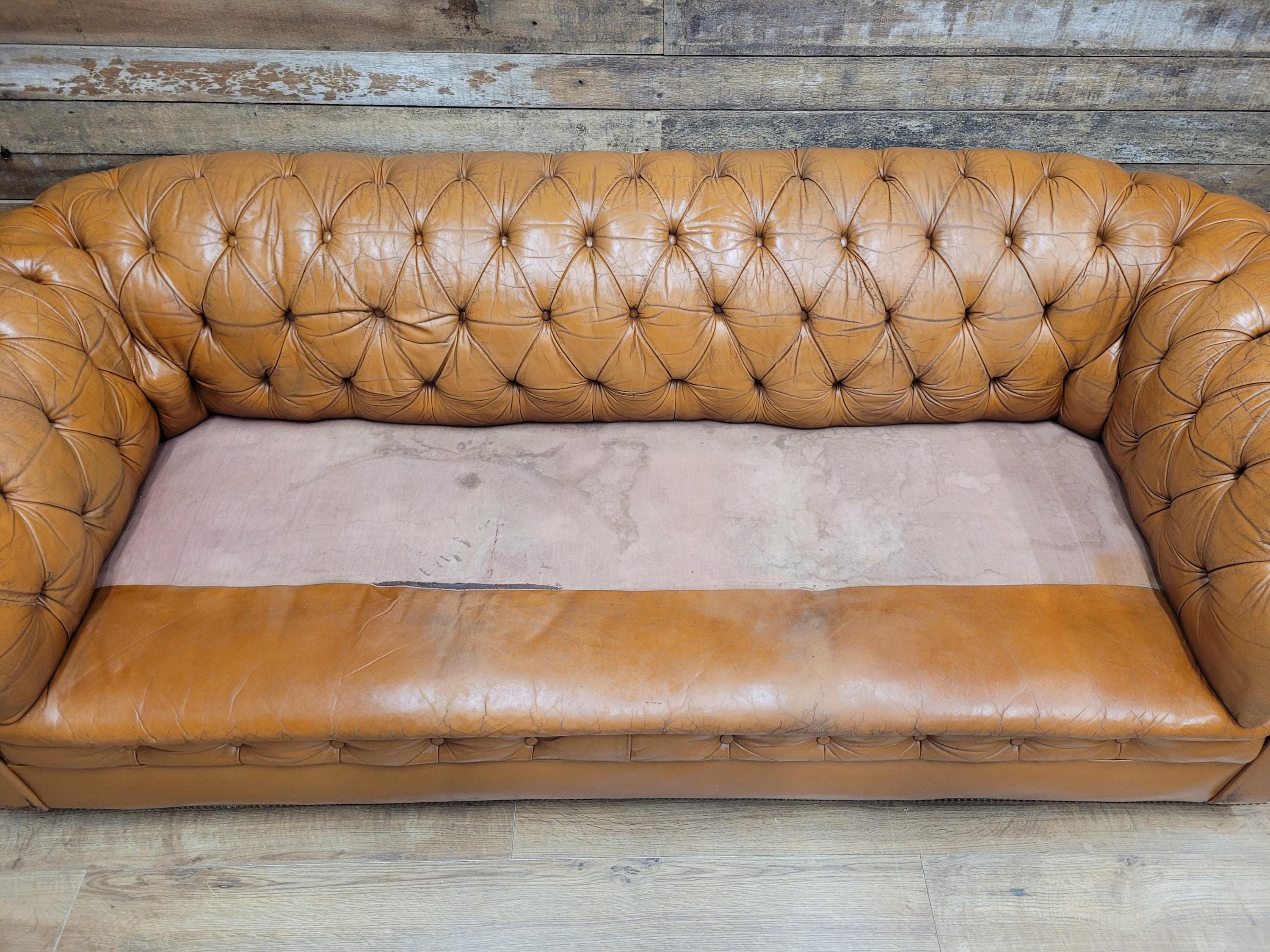 Chesterfield Sofa Tan Leather Buttoned Vintage Distressed Three Seat