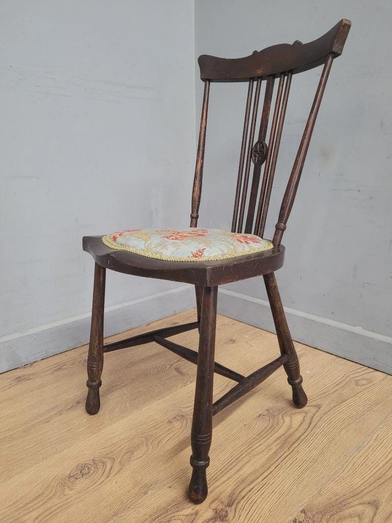 Edwardian Spindle Back Chair Upholstered Seat Antique Bedroom Chair