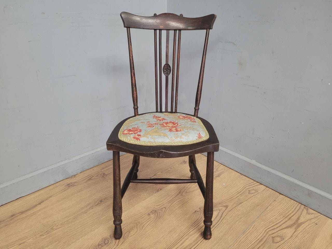 Edwardian Spindle Back Chair Upholstered Seat Antique Bedroom Chair