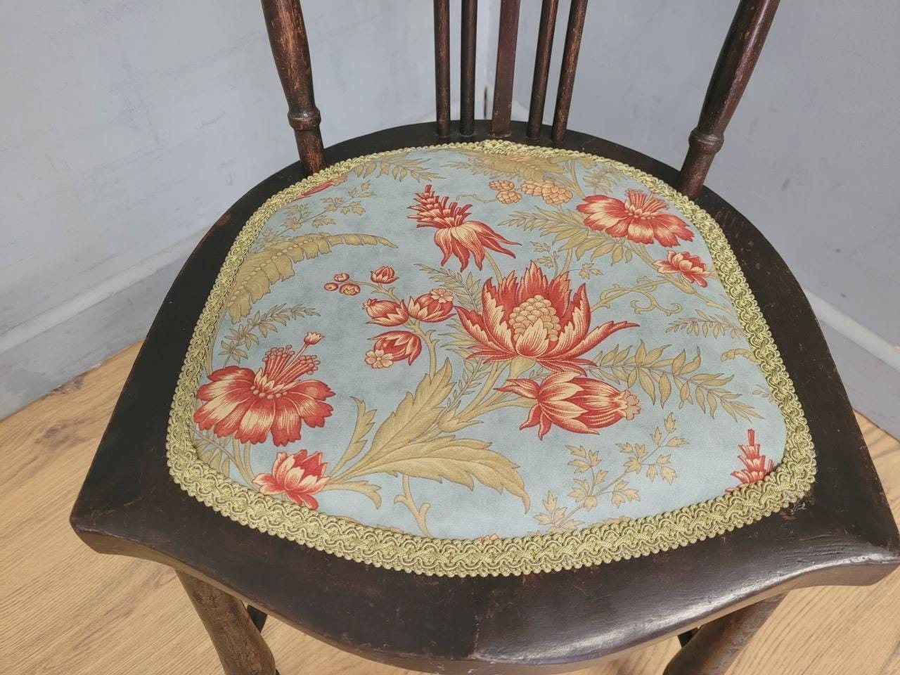 Edwardian Spindle Back Chair Upholstered Seat Antique Bedroom Chair