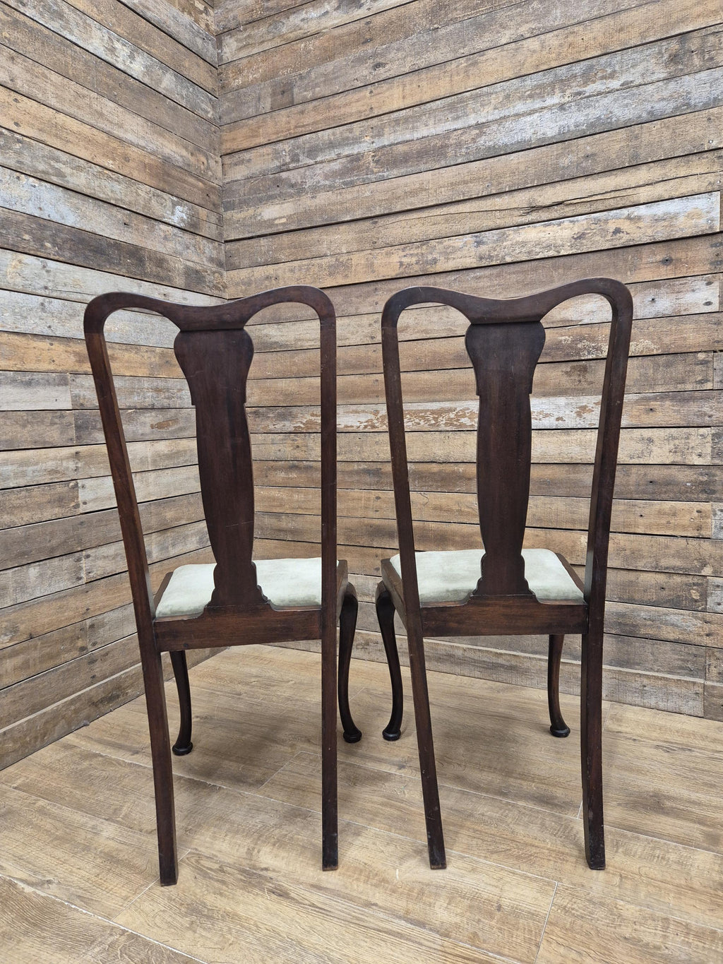 Pair Mahogany Queen Anne Chairs Upholstered Seats Hall Bedroom Chairs Vintage