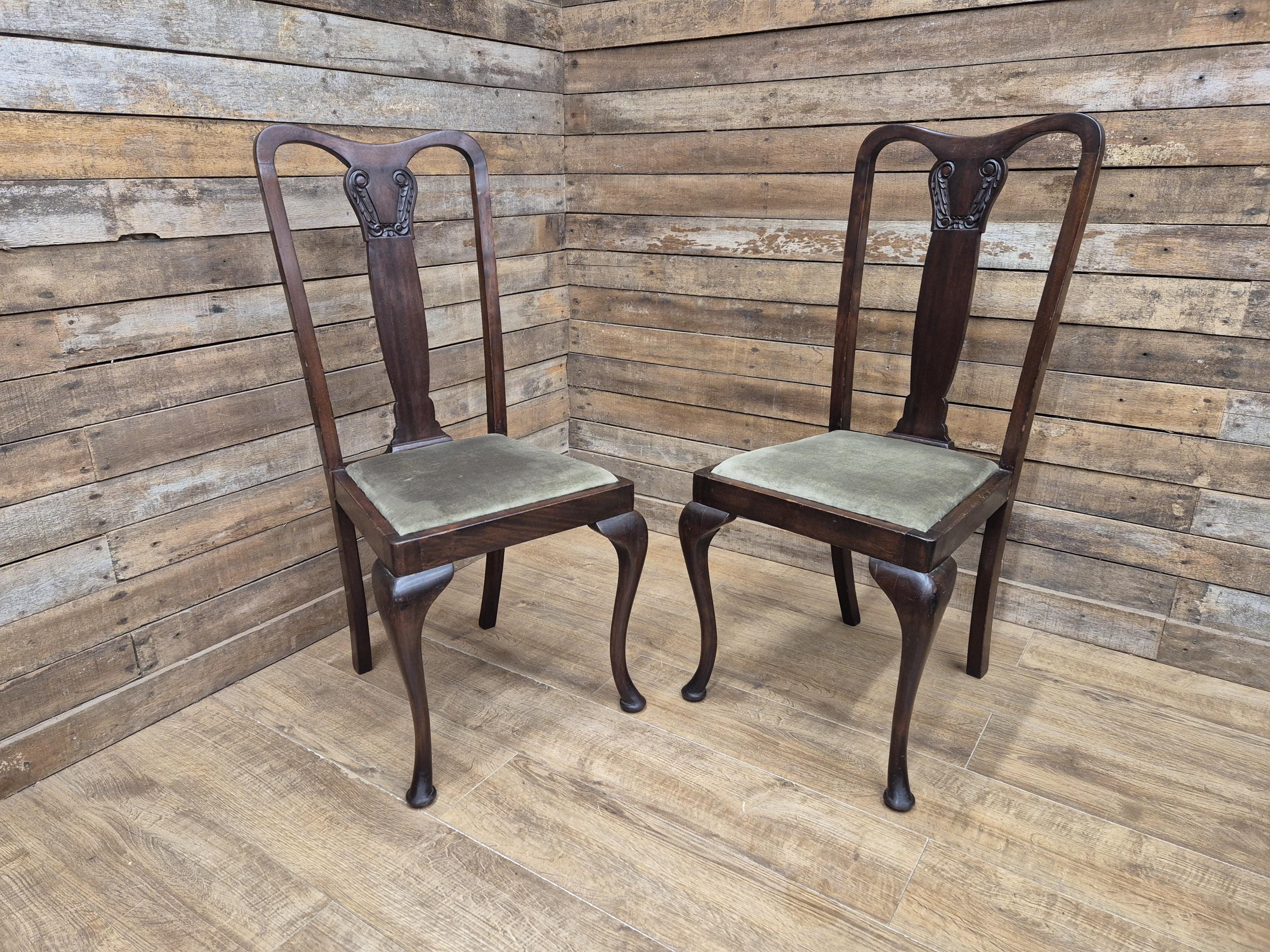 Pair Mahogany Queen Anne Chairs Upholstered Seats Hall Bedroom Chairs Vintage