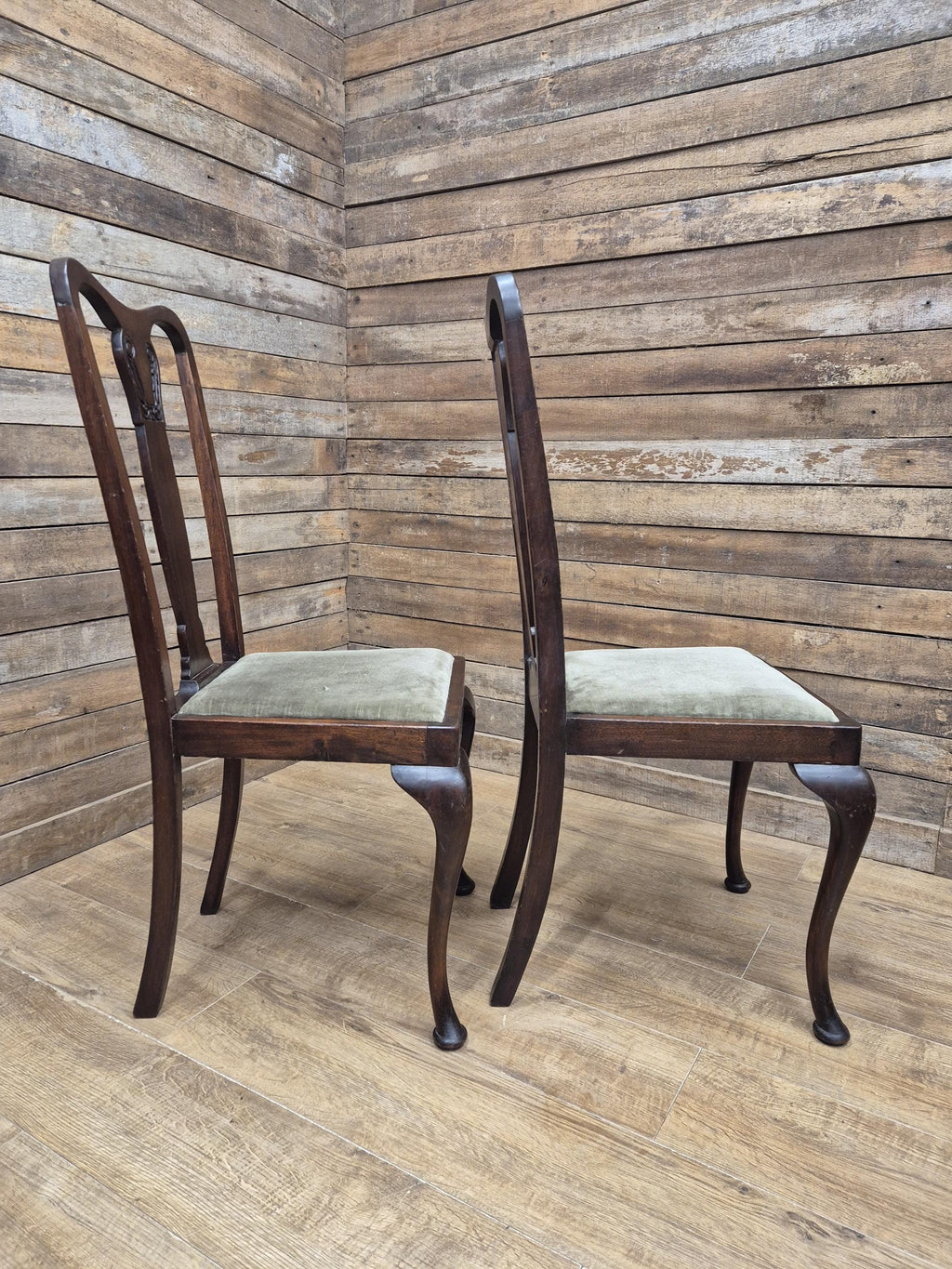 Pair Mahogany Queen Anne Chairs Upholstered Seats Hall Bedroom Chairs Vintage