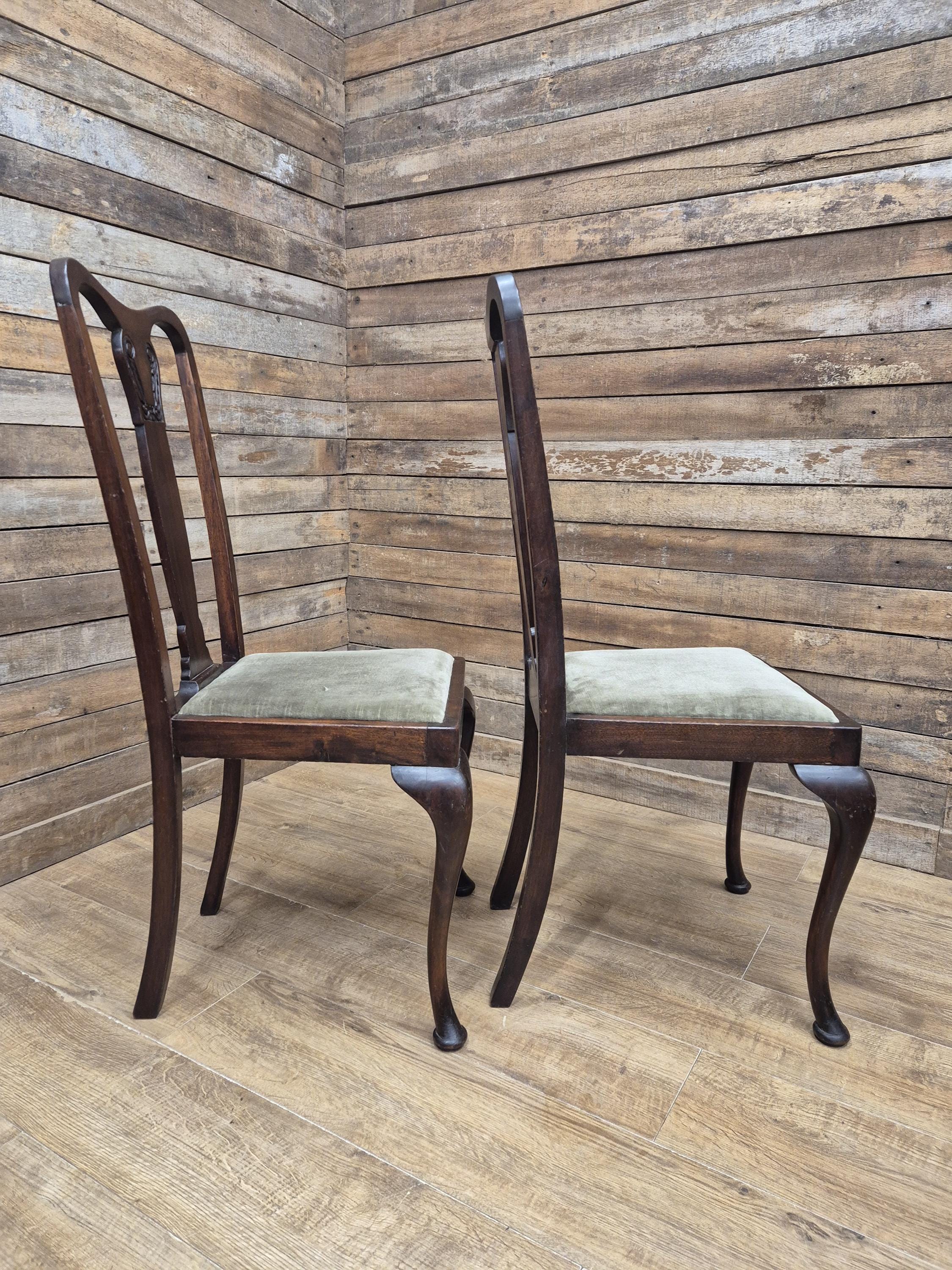 Pair Mahogany Queen Anne Chairs Upholstered Seats Hall Bedroom Chairs Vintage