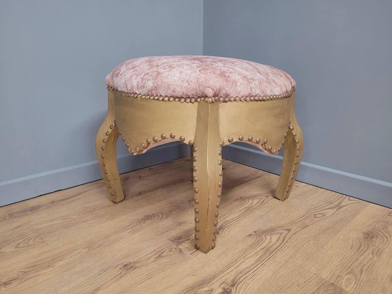 Large Upholstered Footstool Gold Base Boho Style Vintage