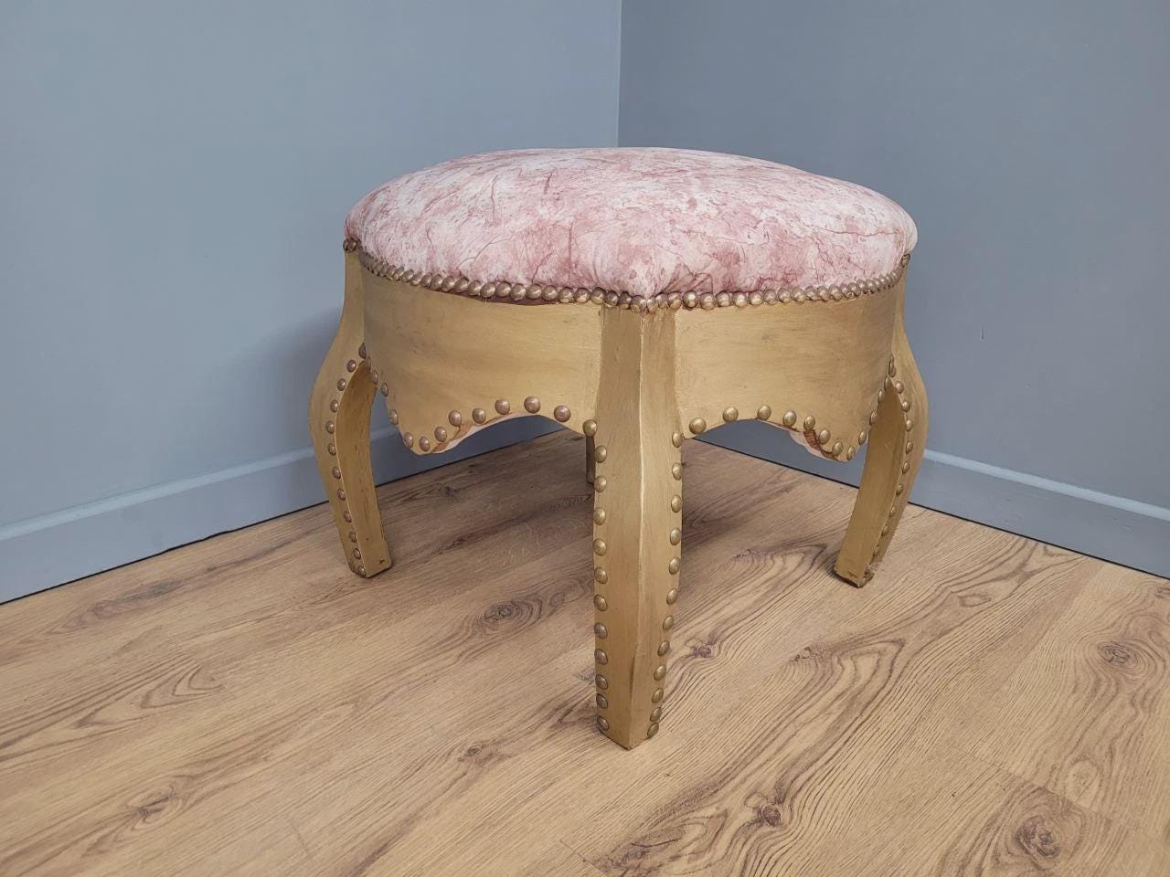 Large Upholstered Footstool Gold Base Boho Style Vintage