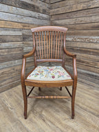 Edwardian Office Armchair Spindle Back Needlepoint Seat Antique Desk Chair